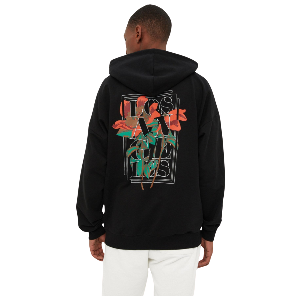 Floral Printed Oversize Hooded Black Sweatshirt Hoodie - Cap On
